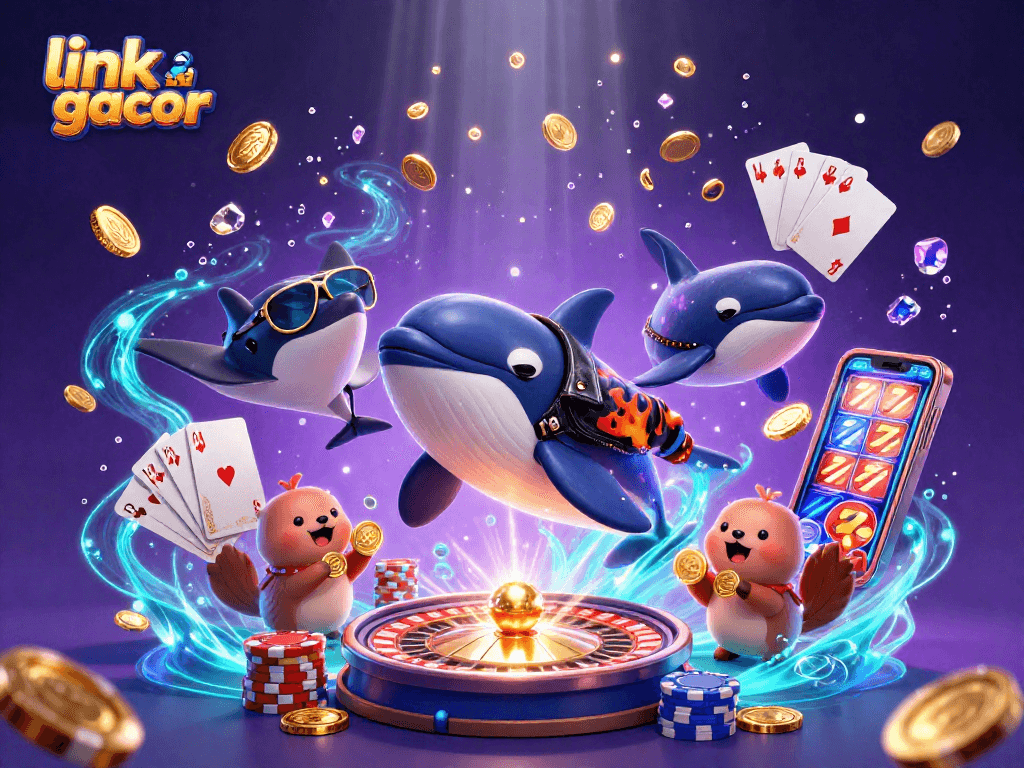 Putar link slot gacor dengan orca berjaket kulit dan keluarga ikan laut menampilkan koin emas.
