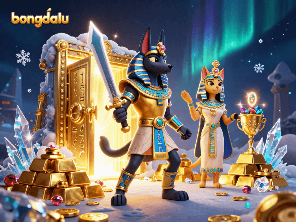 Bongdalu showcases exhilarating moments with Anubis and Bastet among treasures in this vibrant 3D scene.