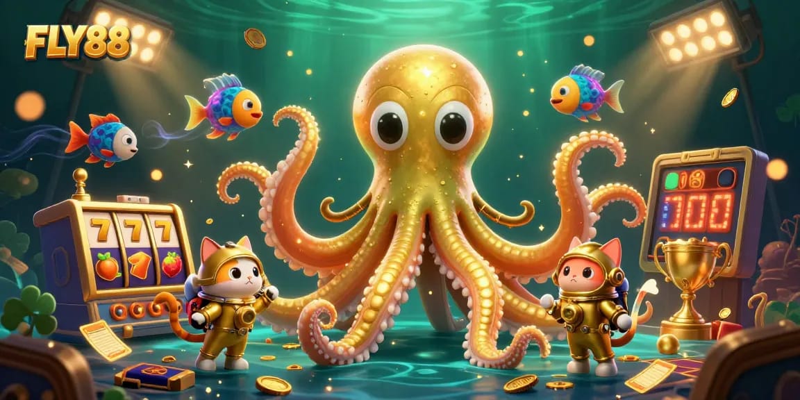 Experience thrilling gameplay with FLY88's dynamic illustration of a kraken and diving cat in a casino setting.
