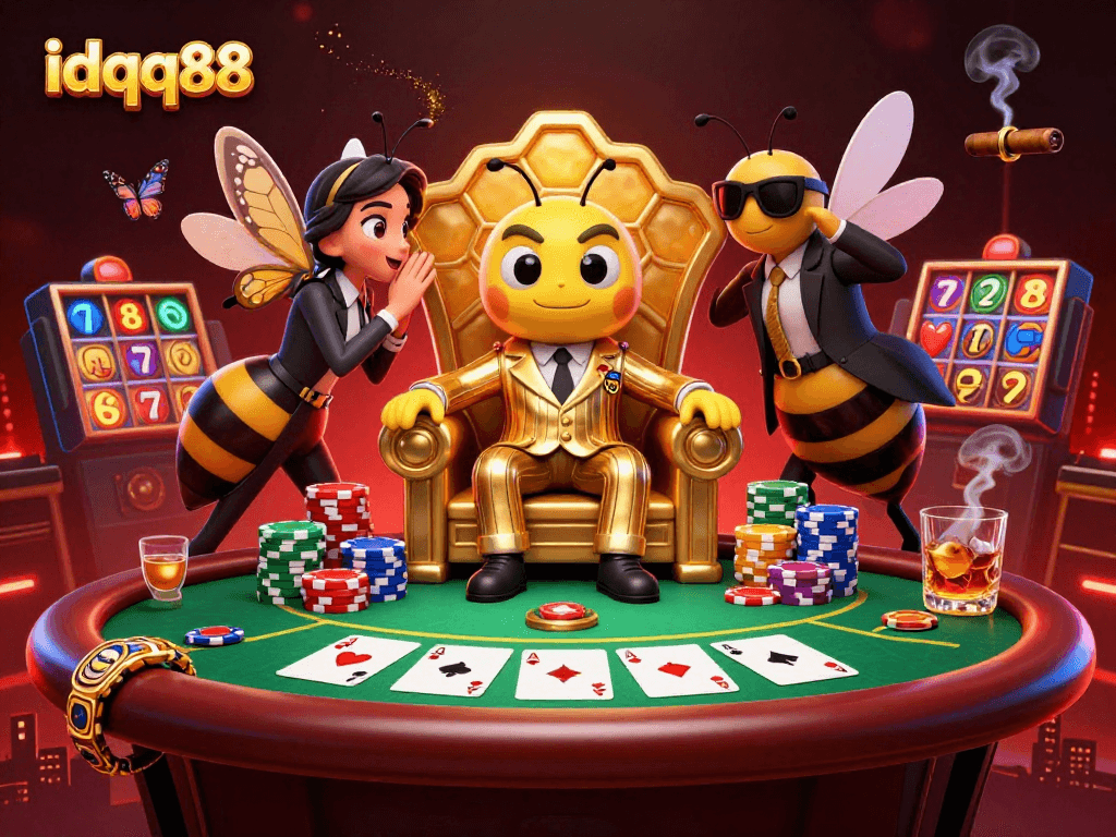 Play games at idqq88 with thrilling poker elements surrounded by a bumblebee mob boss and glamorous casino atmosphere.